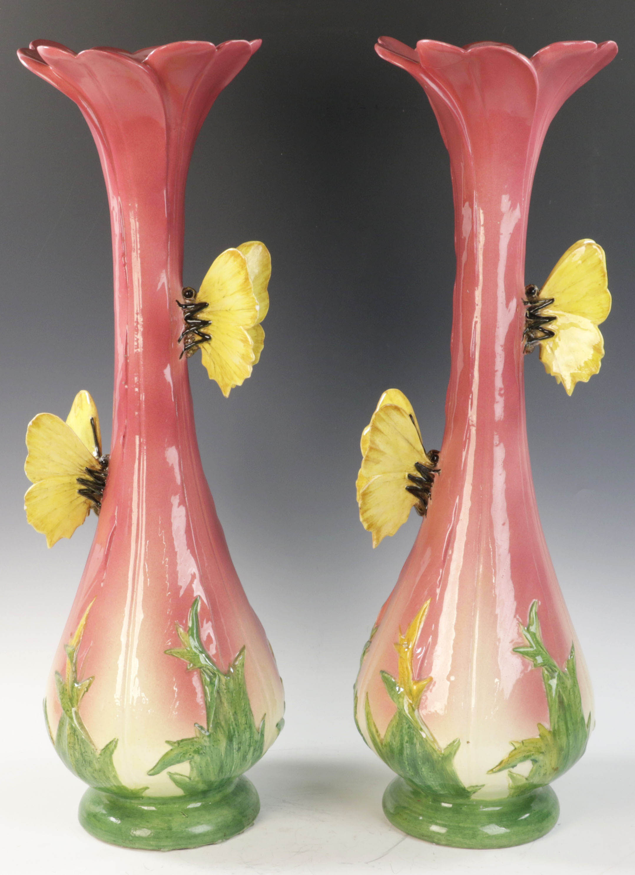 Delphin Massier pottery vases with figural butterfy handles