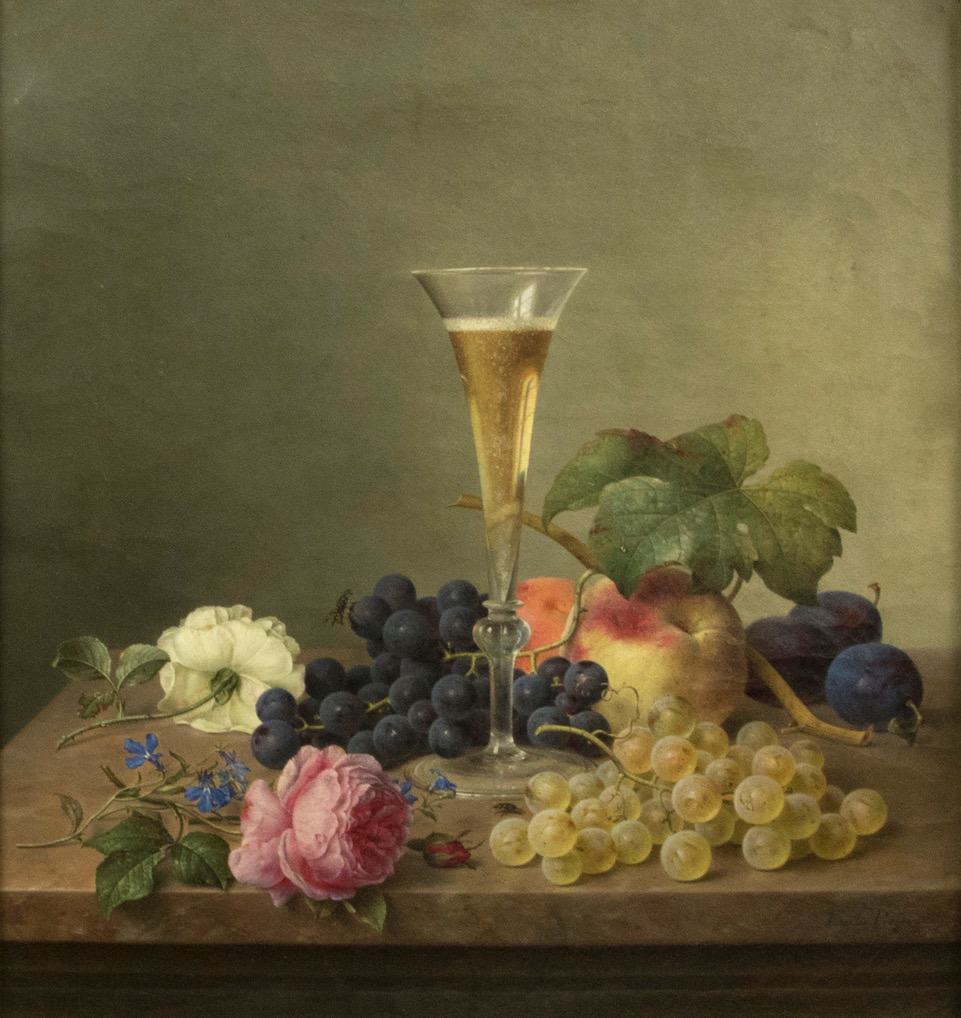 Emilie Preyer (German, 1849-1930), still life of fruit with champagne glass, oil on canvas