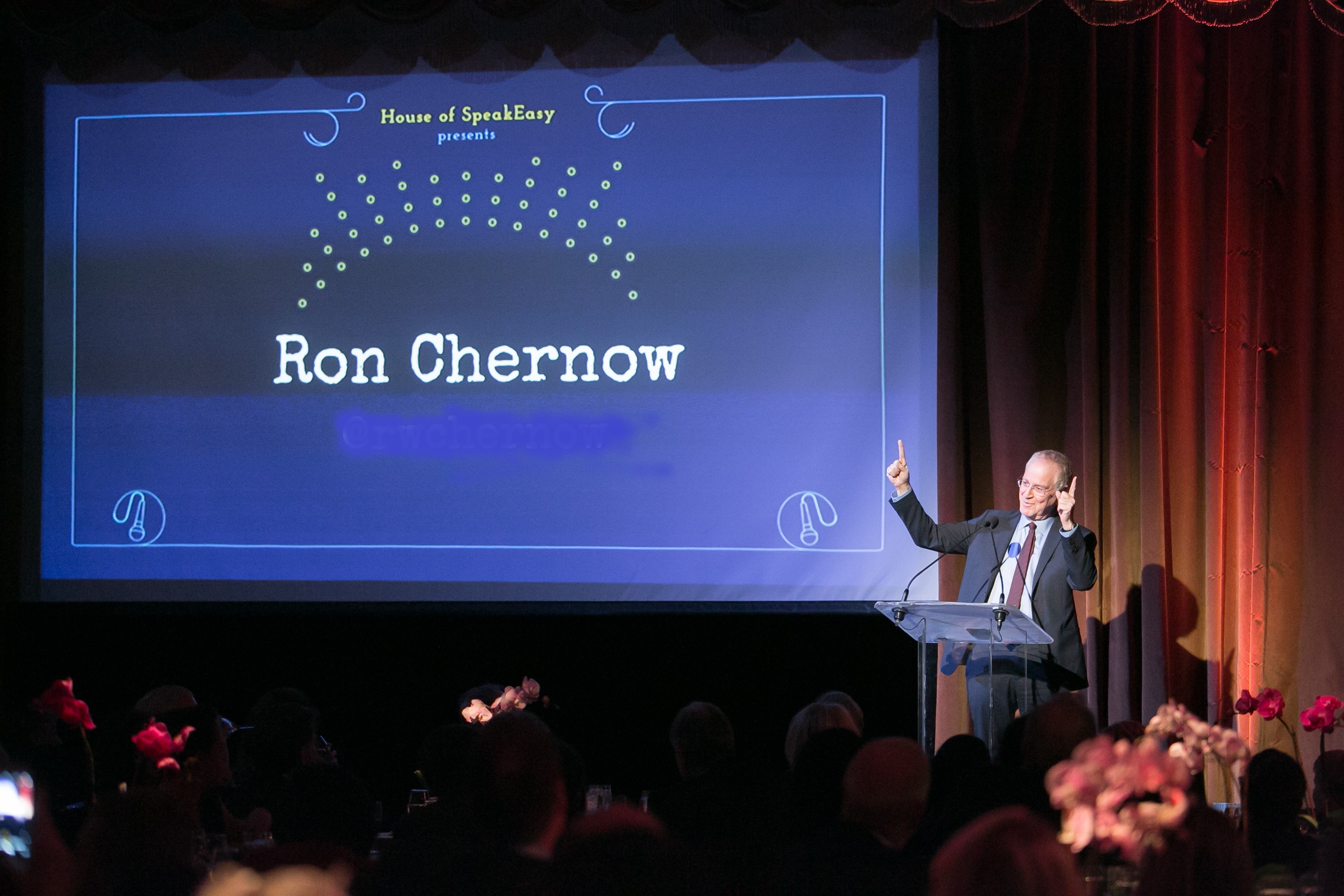 Award-winning biographer and author of ALEXANDER HAMILTON, Ron Chernow, speaking at the House of SpeakEasy gala, February 26th  Photo credit: Beowulf Sheehan