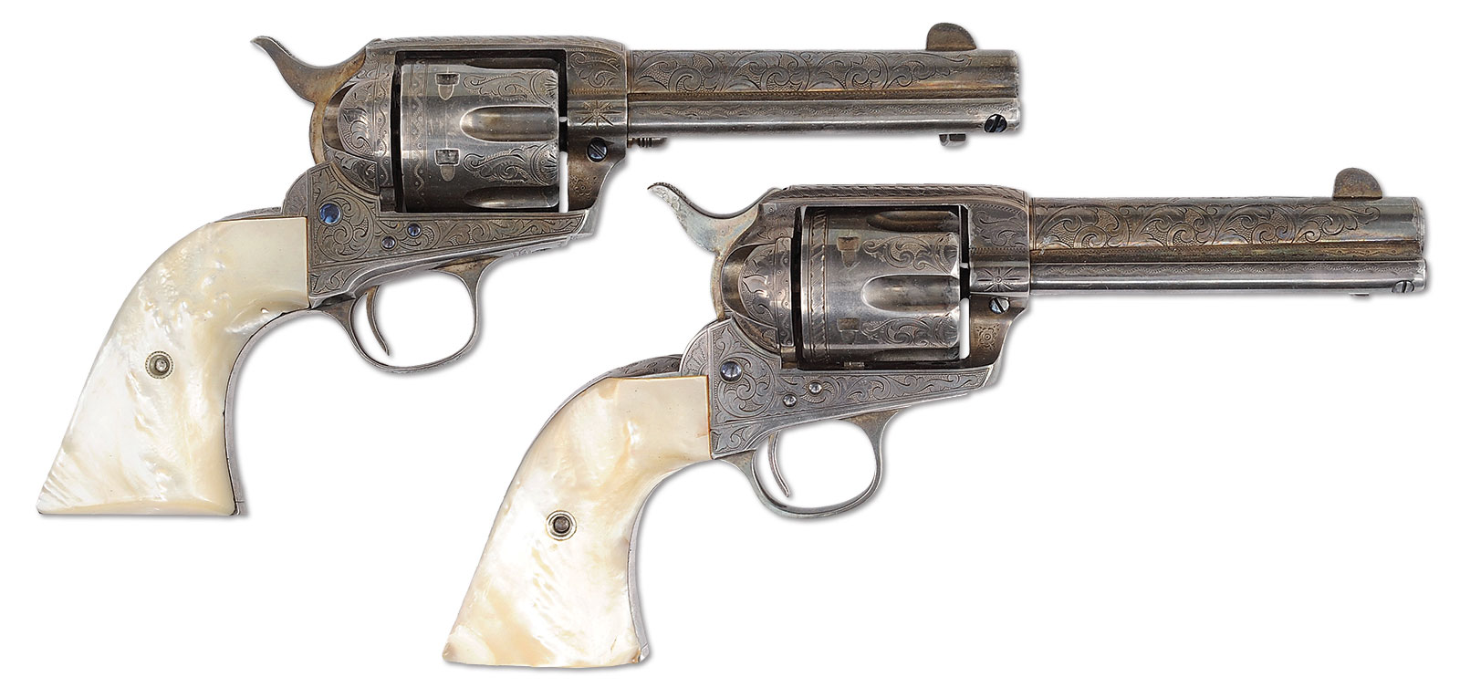 Pair of Engraved & Inscribed Silver Plated Colt Single Action Arm Revolvers, estimated at $150,000-225,000.