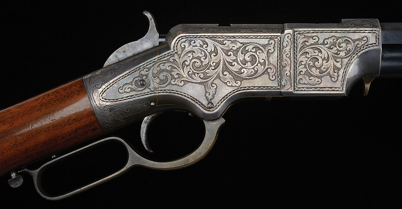 Engraved and Silver Plated Henry Rifle with Deluxe Wood from the Ray Bentley Collection, estimated at $100,000-150,000.