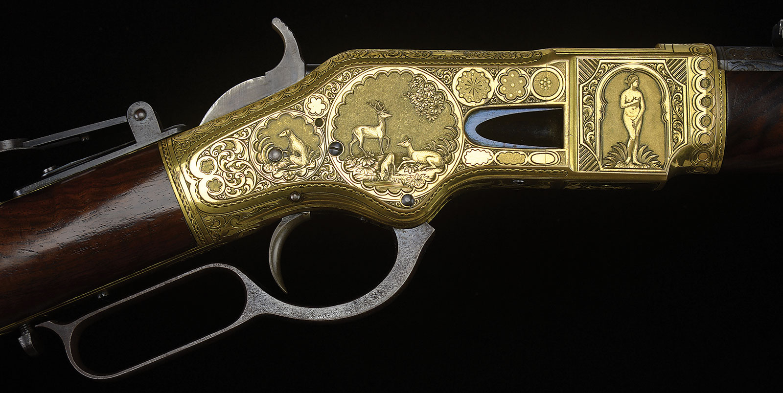 High Relief Engraved Winchester Model 1866 Lever Action Rifle from the Ray Bentley Collection, estimated at $175,000-275,000.