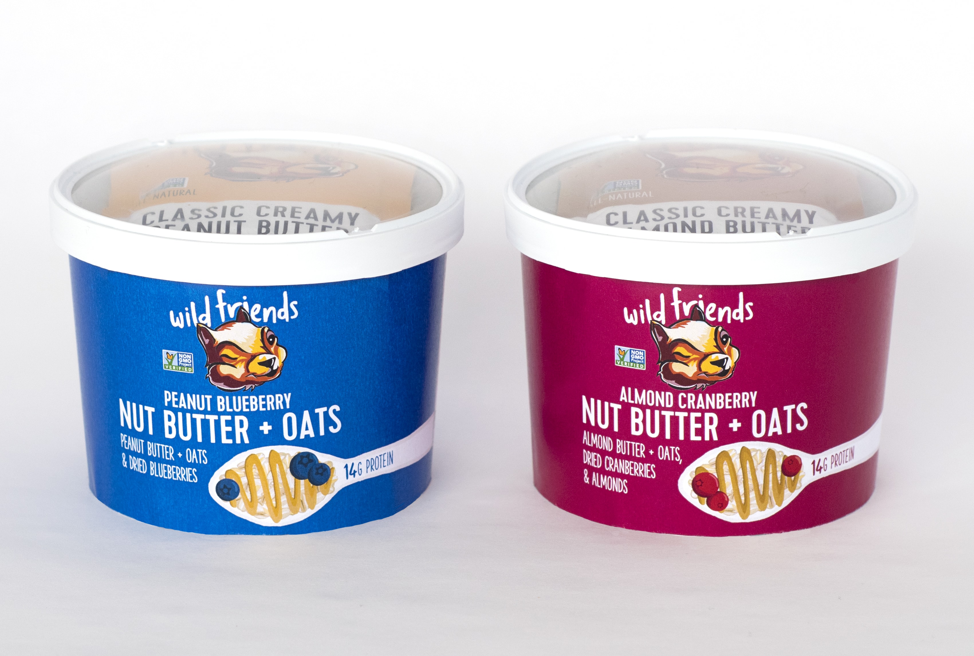 Wild Friends' two new Nut Butter Oats flavors: Peanut Blueberry with Classic Peanut Butter and Almond Cranberry with Classic Almond Butter.