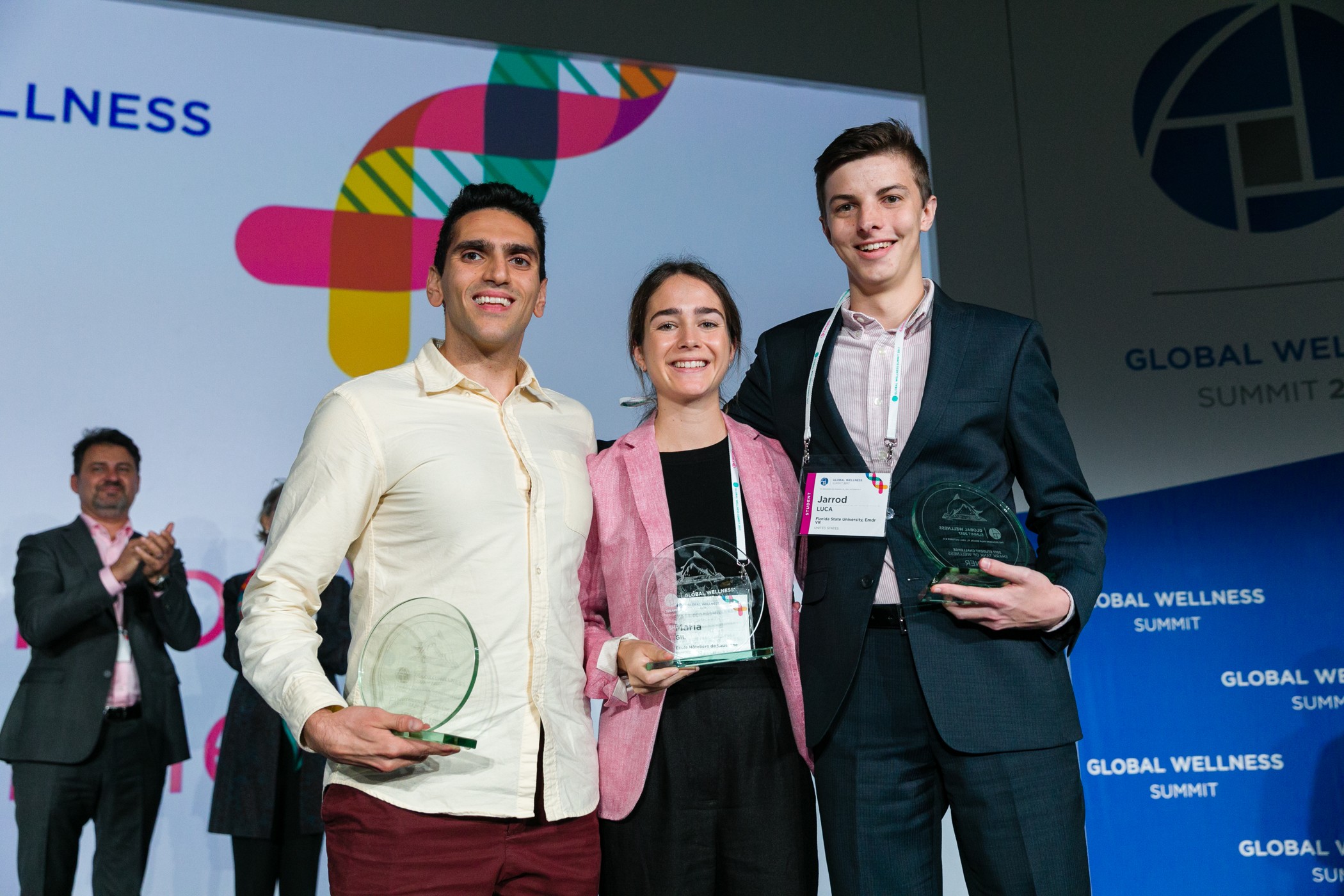 The “Shark Tank of Wellness” Finalists at the 2017 Global Wellness Summit. From left to right: Mikey Ahdoot (University of Southern California, USA), Jarrod Luca (Florida State University, USA), and M