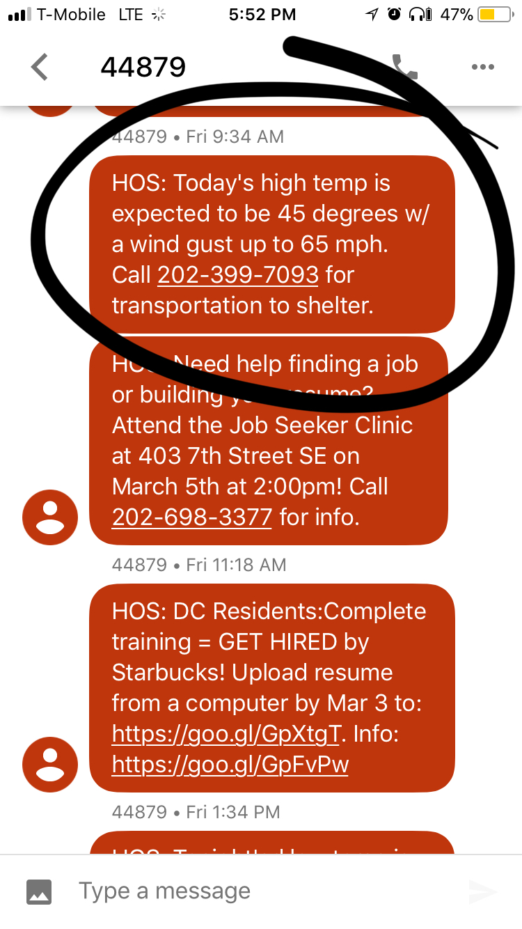 Actual Extreme Weather Text Message Alert sent by DC Government using HopeOneSource: