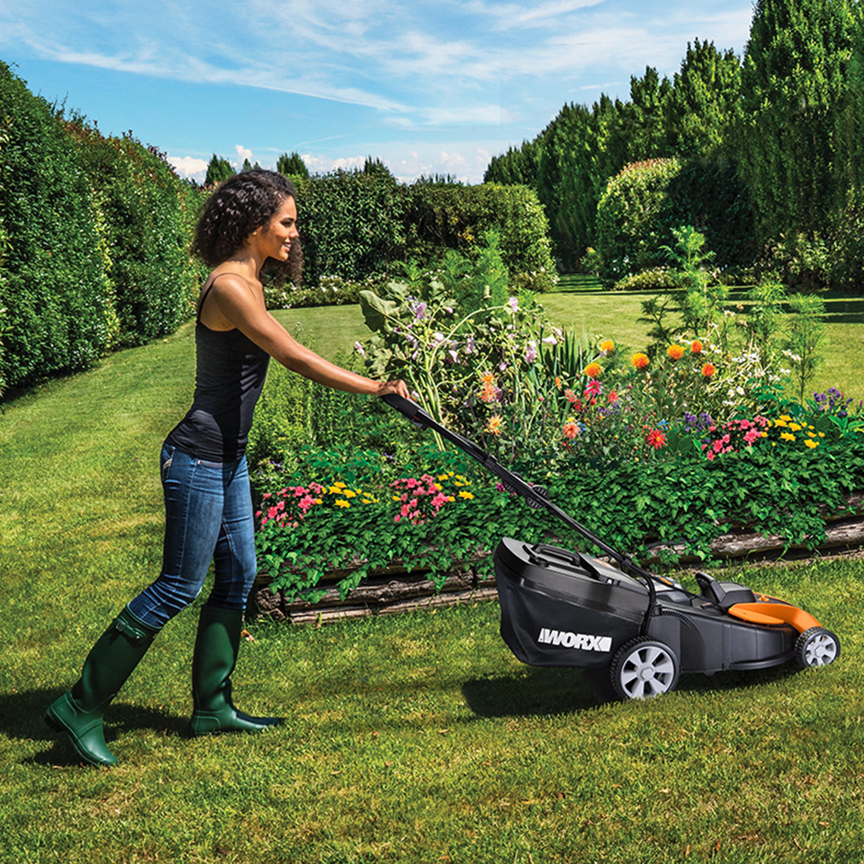The compact WORX push mower is powered by two, removable, 40V, 2.0 Ah, lithium-ion batteries and cuts up to 5,500 sq. ft. per charge.