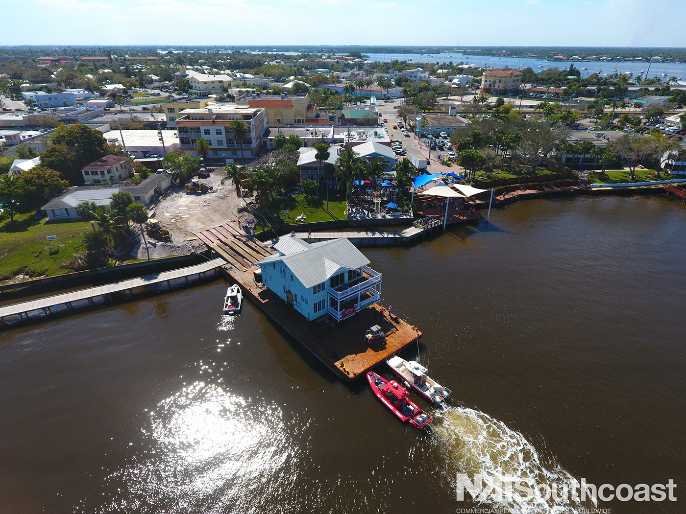 Historic Clifton Fishing Lodge on its journey down the Saint Lucie River to a new home