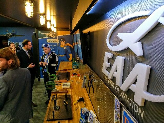 Haakon, Crown Prince of Norway (left), discusses aviation with EAA's Bret Steffen at the "Spirit of Aviation" unit's stop at the South by Southwest festival in Austin, Texas, in March 2018.