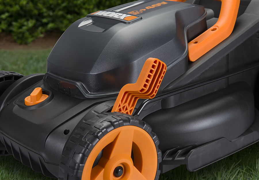 WORX 20V, 14 in. Lawnmower features single-lever, deck-height adjustment.