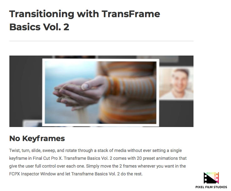 Pixel Film Studios - TransFrame Basics Volume 2 - FCPX Plugins