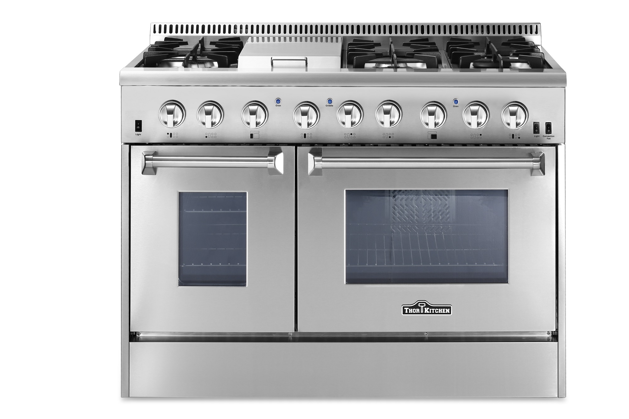 The new 48-inch Dual Fuel Range features heavy-duty continuous cast-iron cooking grates, a black porcelain drip pan on the cook top and high-end infrared broiler.