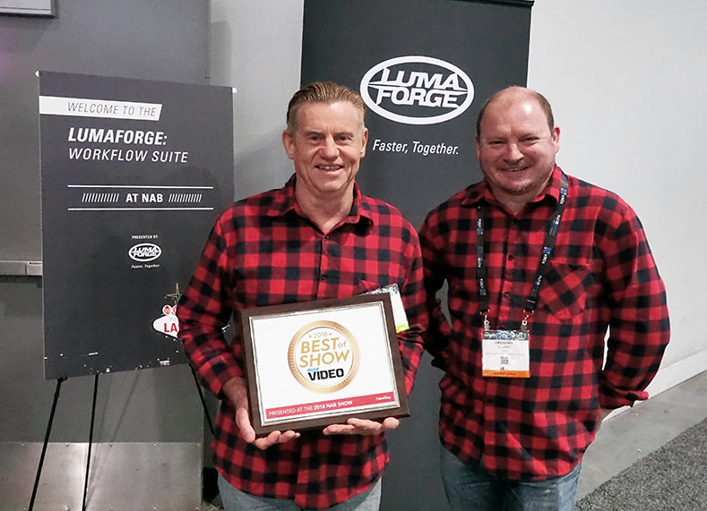 Lumberjack System Co-Founders, Philip Hodgetts and Dr. Gregory Clarke, proudly their "Best of Show Award" at NAB 2018.