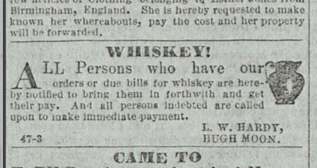 Advert from 1870's Era Salt Lake Tribune for Hugh Moon Whiskey