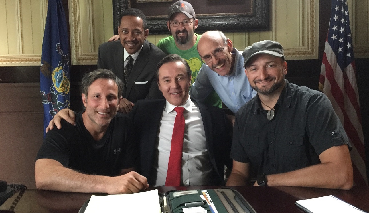 Actors Currie Graham, Chris Mann & Pete Postiglione during the filming of My Million Dollar Mom with Ross Schriftman, Screenwriter, Kevin Hackenberg, Director & Joe Herrigan, Director of Photography.