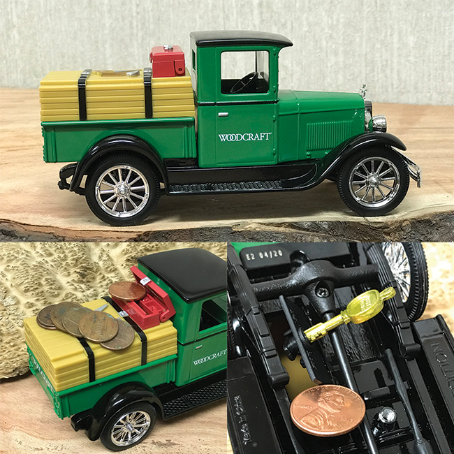 Change fits easily into a slot in the red toolbox perched on the lumber load in the bed of the Woodcraft 1928 Chevrolet Truck Bank.