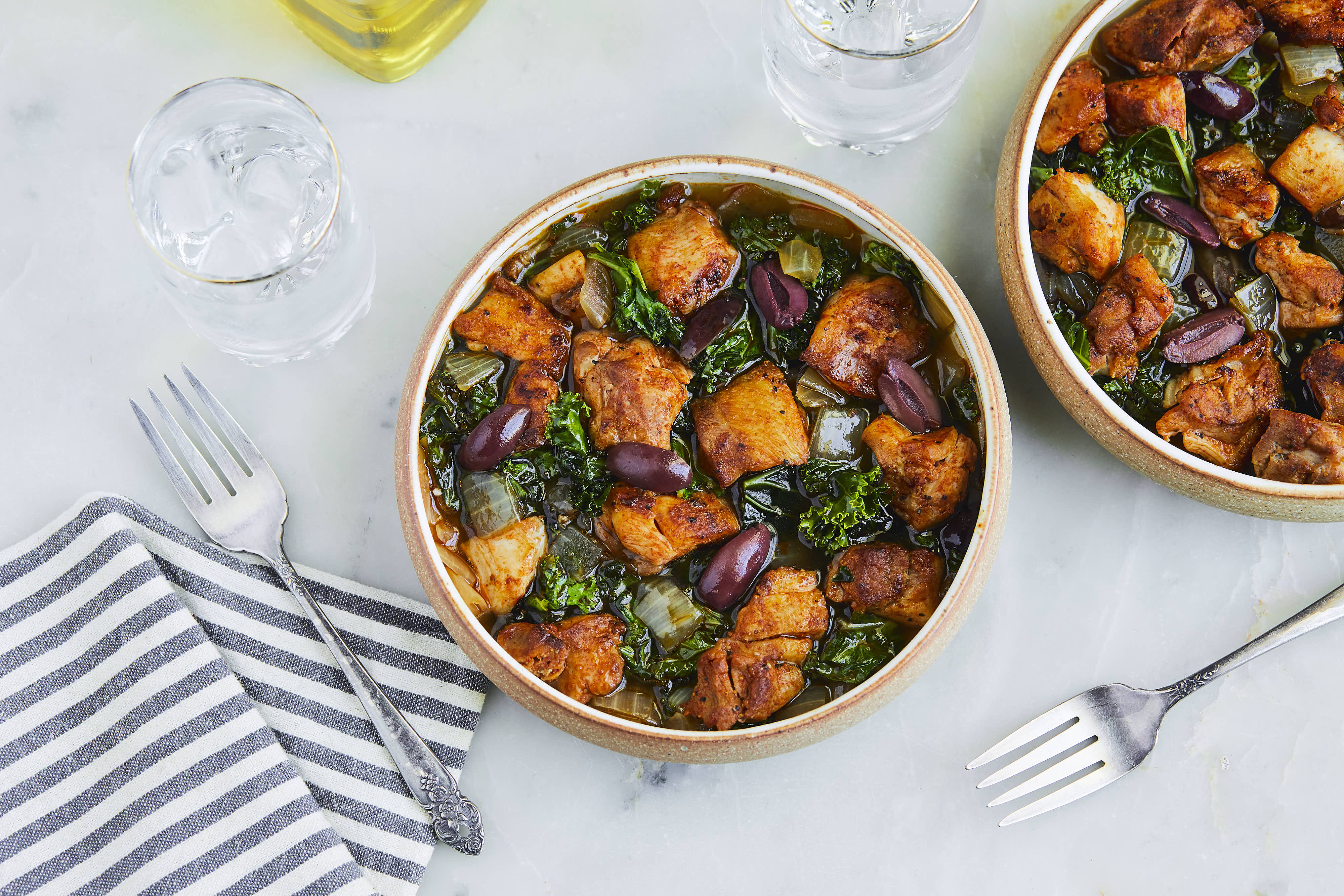Braised Chicken Thighs with Olives and Kale
