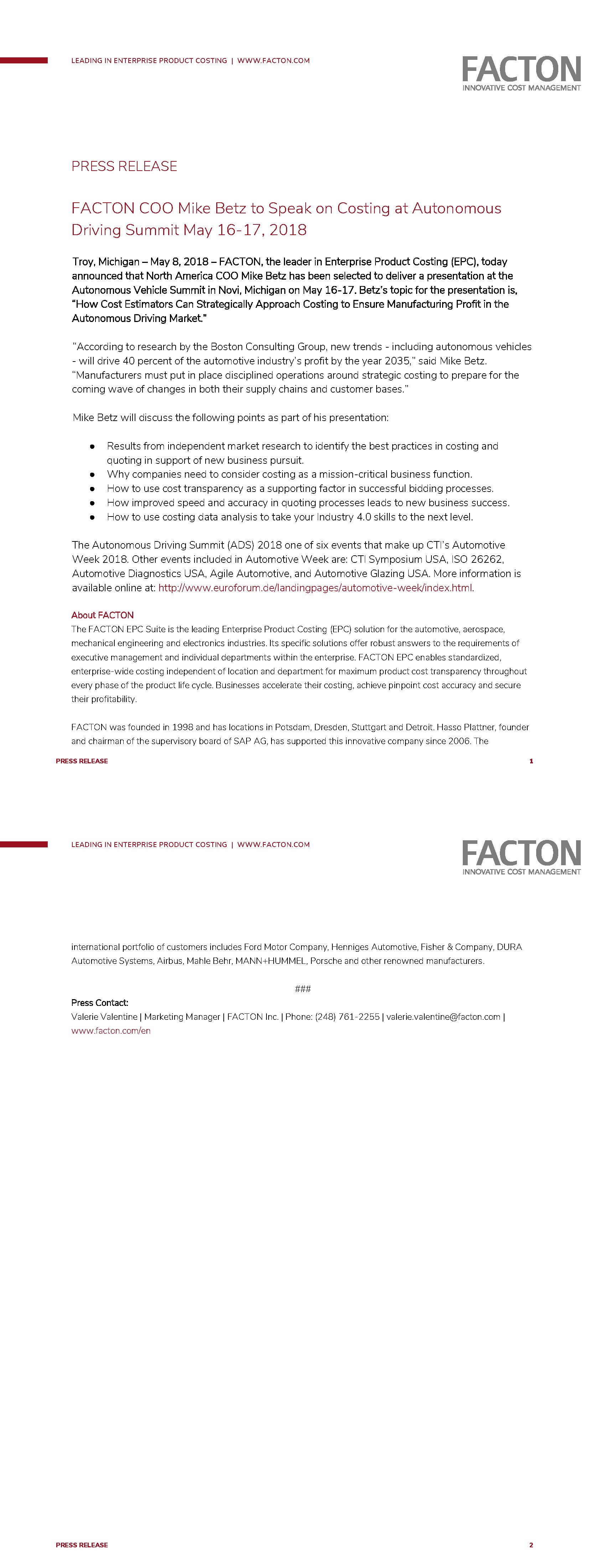 Press Release: FACTON COO Mike Betz to Speak on Costing at Autonomous Driving Summit May 16-17, 2018