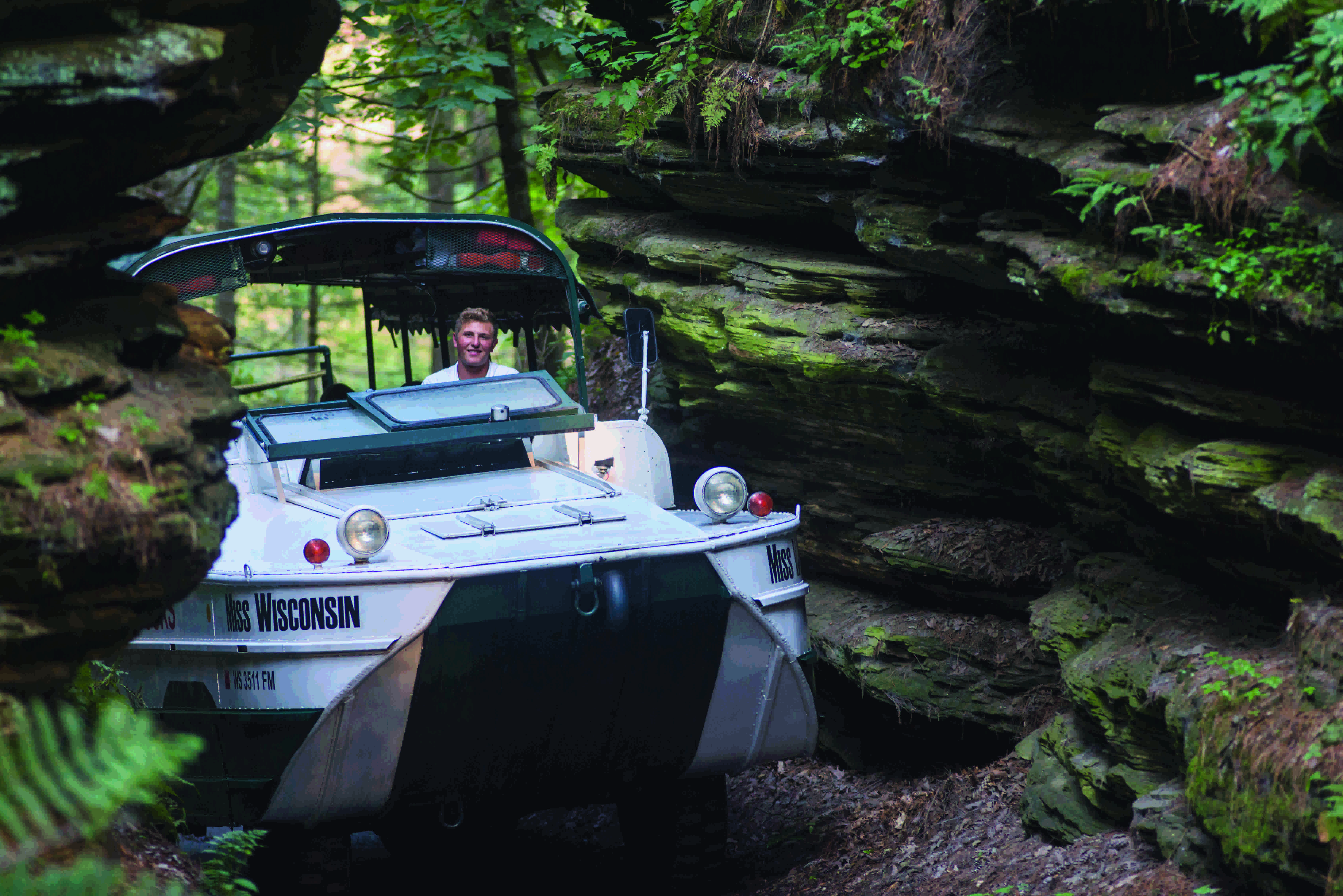 Original Wisconsin Ducks drivers expertly maneuver the large amphibious vehicles through Red Bird Gorge.