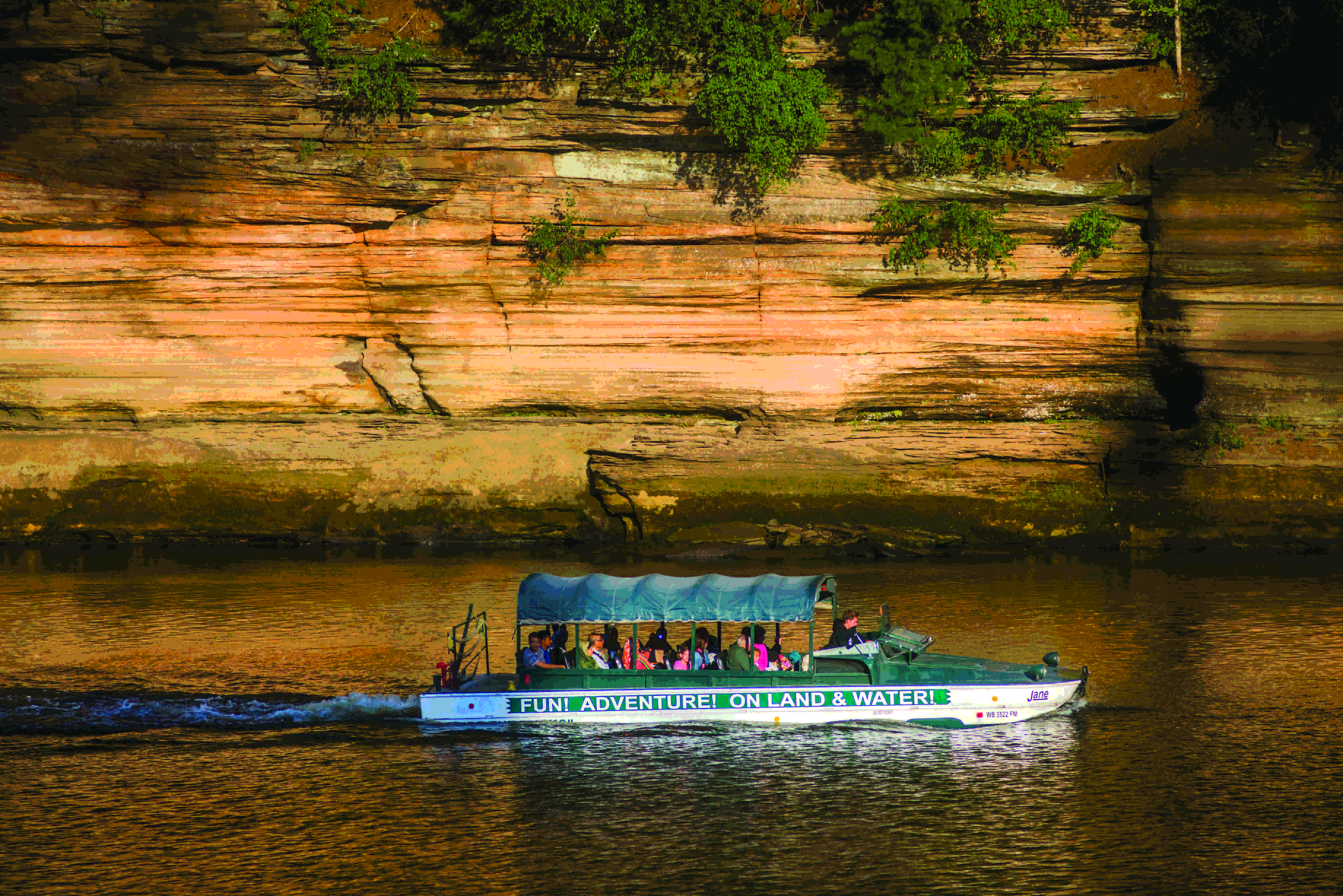 Duck tours cruise the scenic Wisconsin River and make a second water entry into Lake Delton.