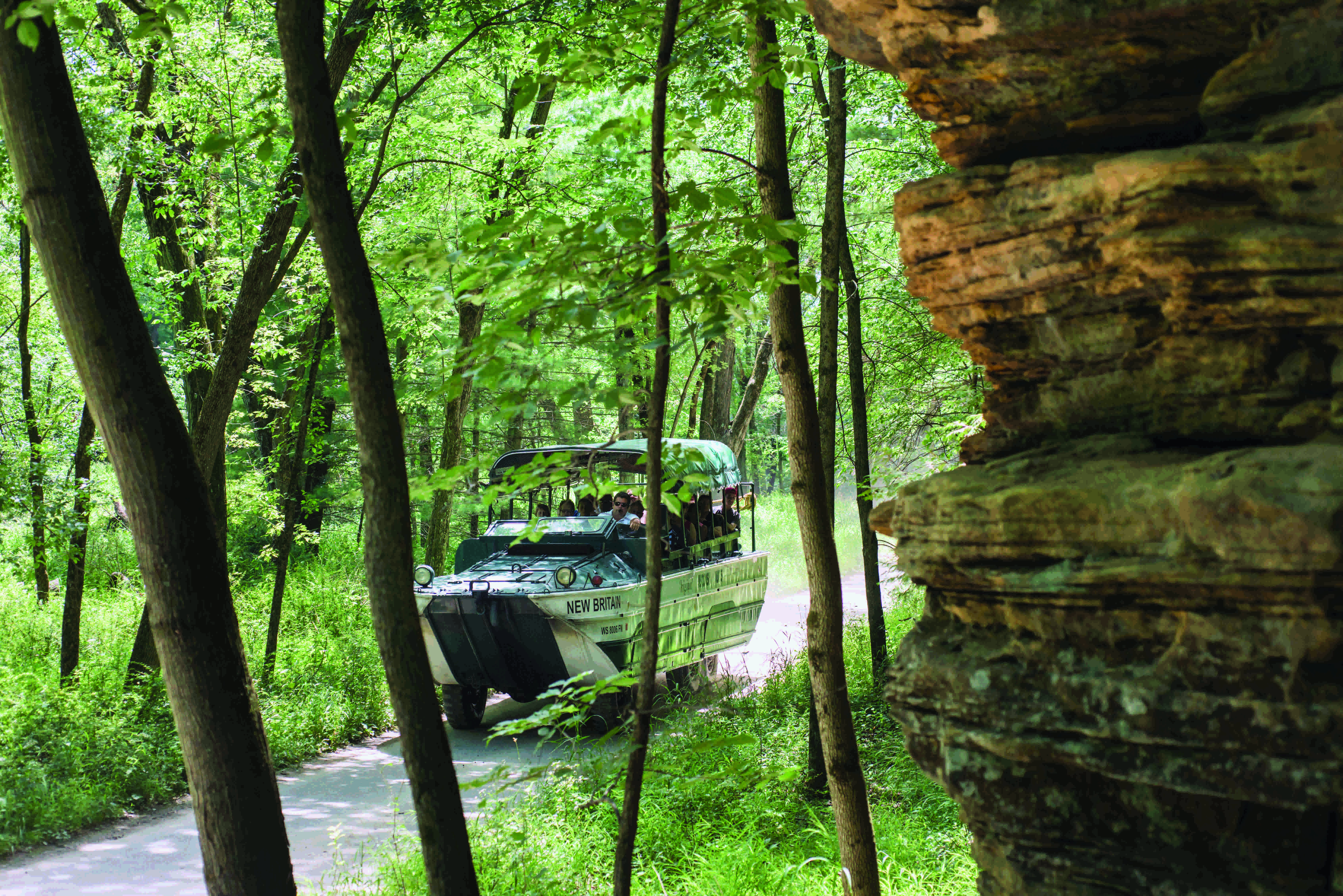 Original Wisconsin Ducks travel exclusive wilderness trails in Wisconsin Dells taking vacationers on an outdoor adventure.