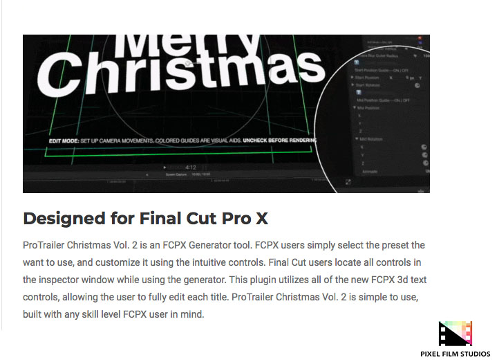 Pixel Film Studios - ProTrailer Christmas Volume 2 - FCPX Plugins