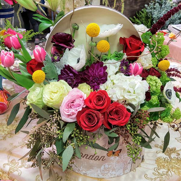 Elegant Hat Box Mixed Flower Arrangement by Nayeli Jimenez at Royalty Flower Events