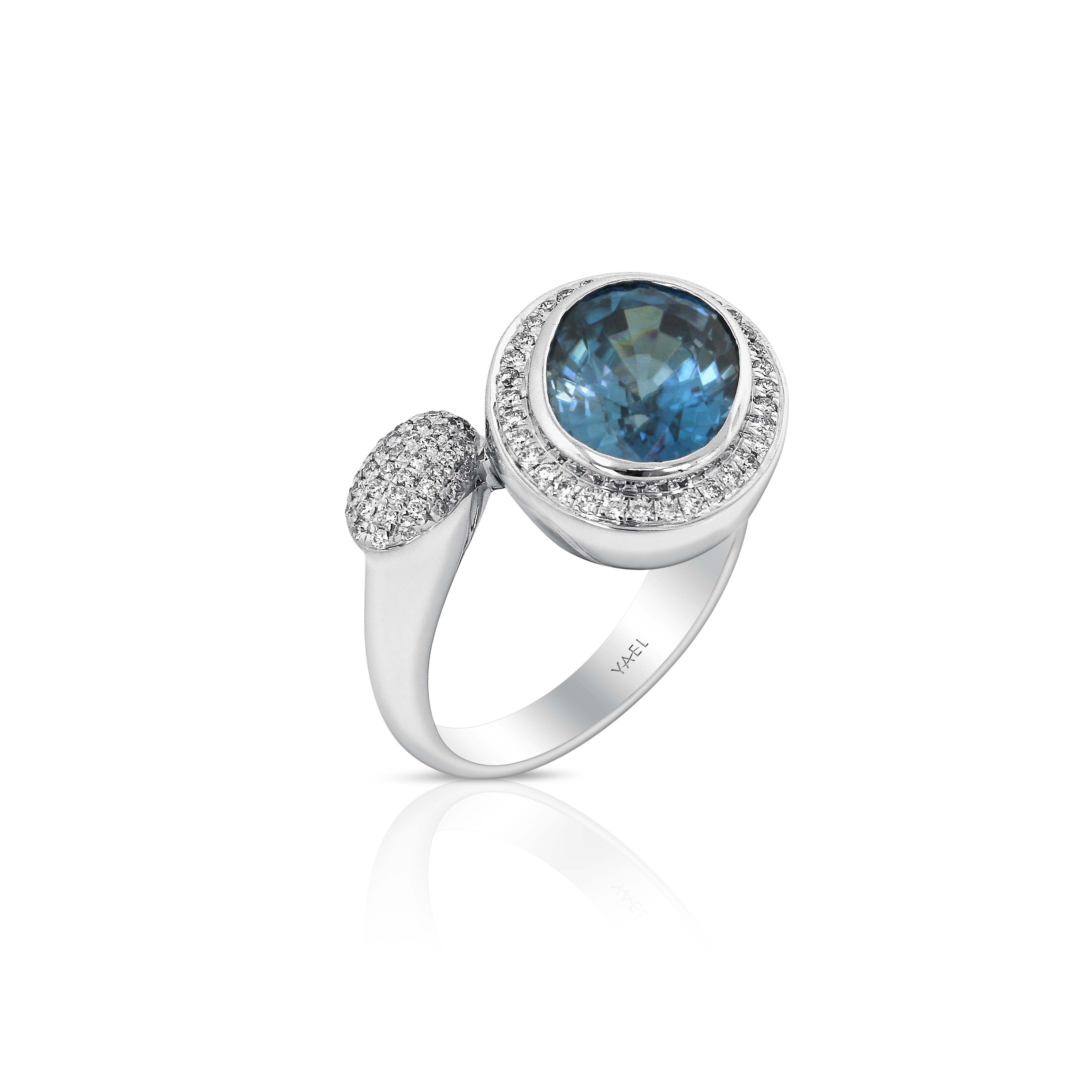 Toi & Moi blue zircon and diamond ring by Yael
