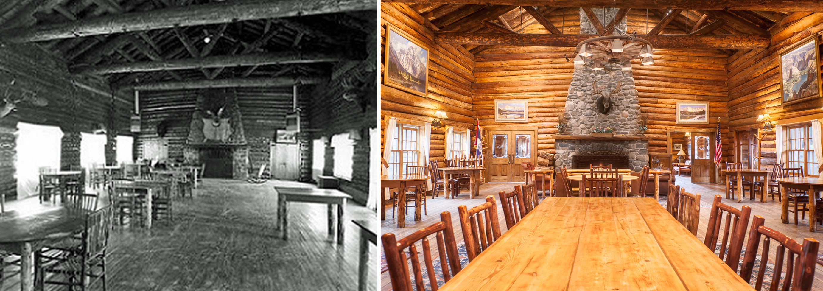 The historic dining hall at Brooks Lake Lodge, seen then and now, boasts a grand fireplace and high beamed ceilings, and hosts guests for gourmet meals included with an overnight stay.