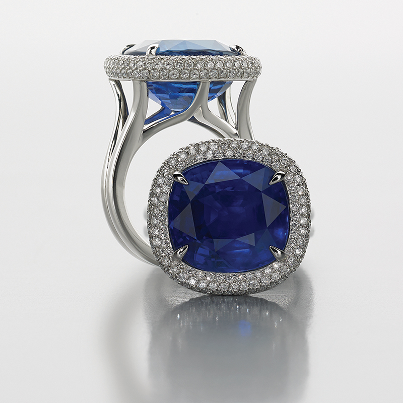 Burmese Sapphire Ring by Jeffrey Bilgore.  Unheated, 16 ct. cushion-cut Burmese sapphire ring, with diamonds, set in platinum.