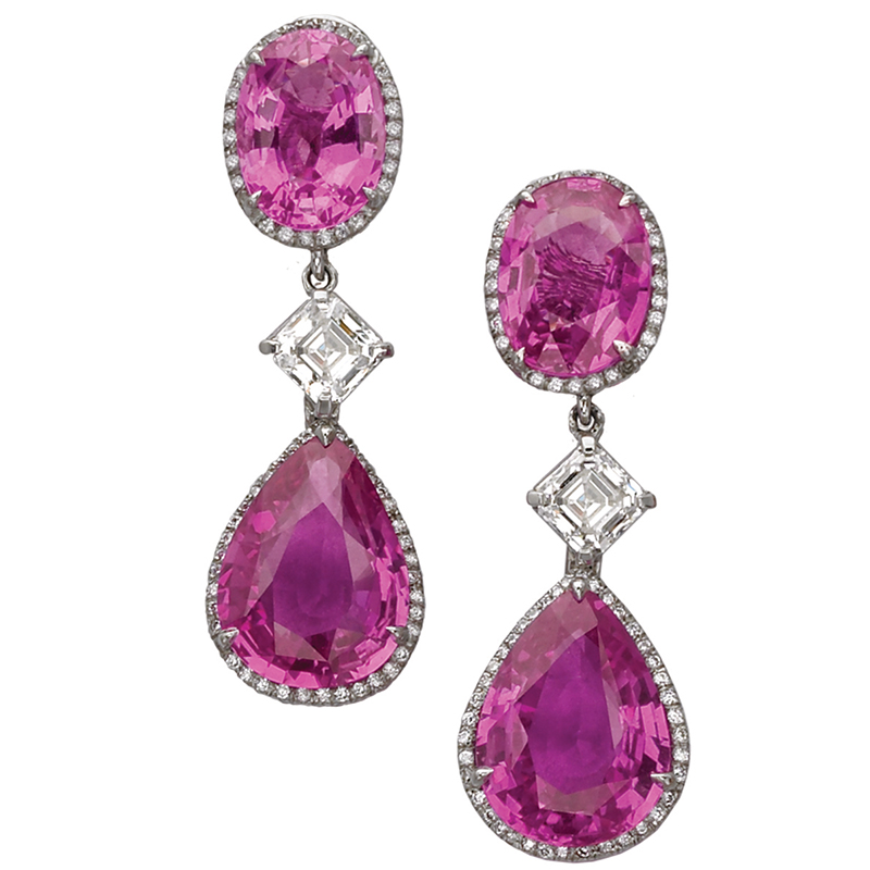 Pink Sapphire Earrings by Jeffrey Bilgore.  2 oval pink sapphires (8.42 tcw.), 2 pear-shaped pink sapphires (13.91tcw.), and 2 asscher cut diamonds (1.54 tcw.), with 153 round diamonds,set in platinum