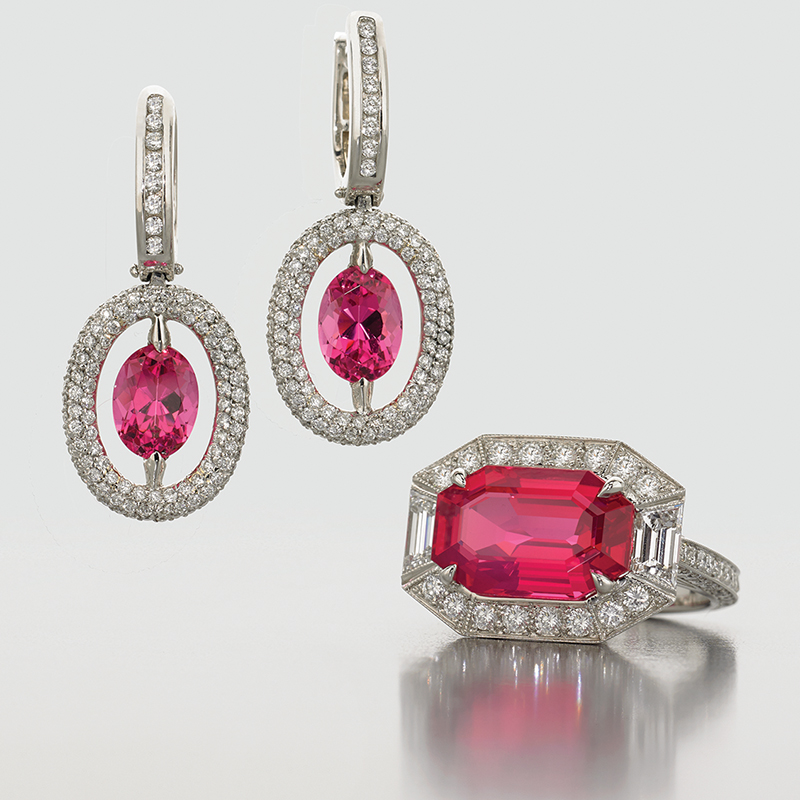 Platinum Mahenge Tanzanian Spinel Set by Jeffrey Bilgore. 7.92 ct Octagon Cut Unheated red spinel ring, with diamonds, set in platinum 3.11 tcw. oval red spinel earrings, with diamonds,set in platinum