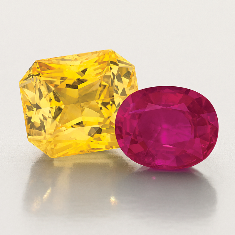 30ct. Radiant Yellow Sapphire and 13 ct. Mozambique Ruby by Jeffrey Bilgore.