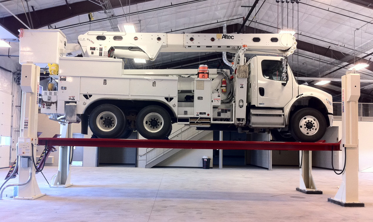 A utility company from the western United States utilizes the Stertil-Koni 4-post lift when servicing this bucket truck