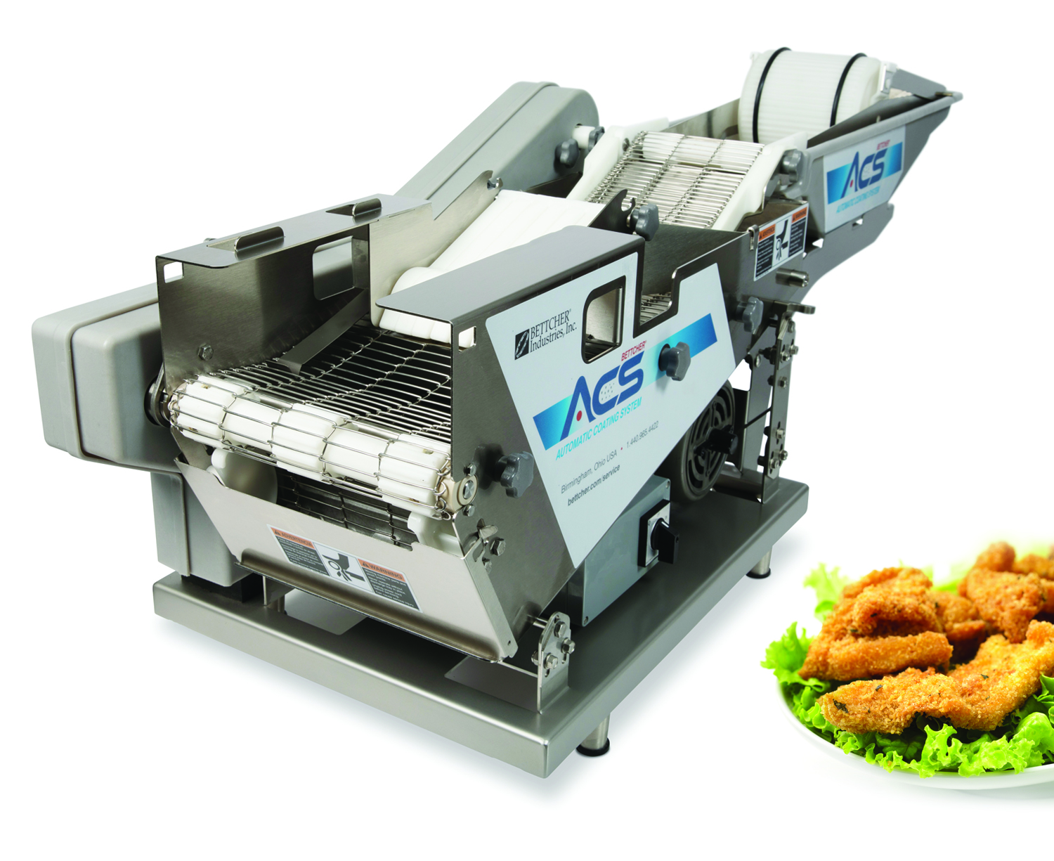 The new Automatic Coating System from Bettcher Industries delivers consistent high-quality food products compared to hand-breading and frozen pre-breaded menu items.