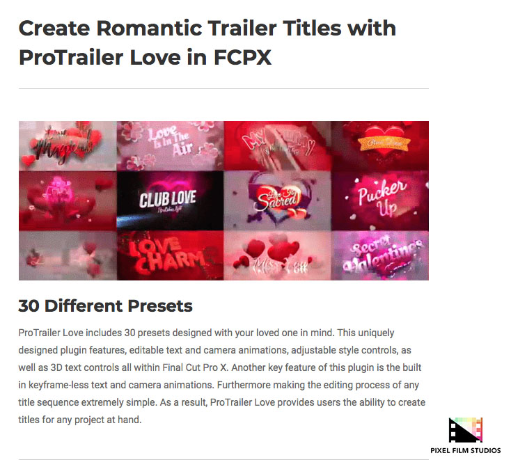 Pixel Film Studios - ProTrailer Love - FCPX Plugins