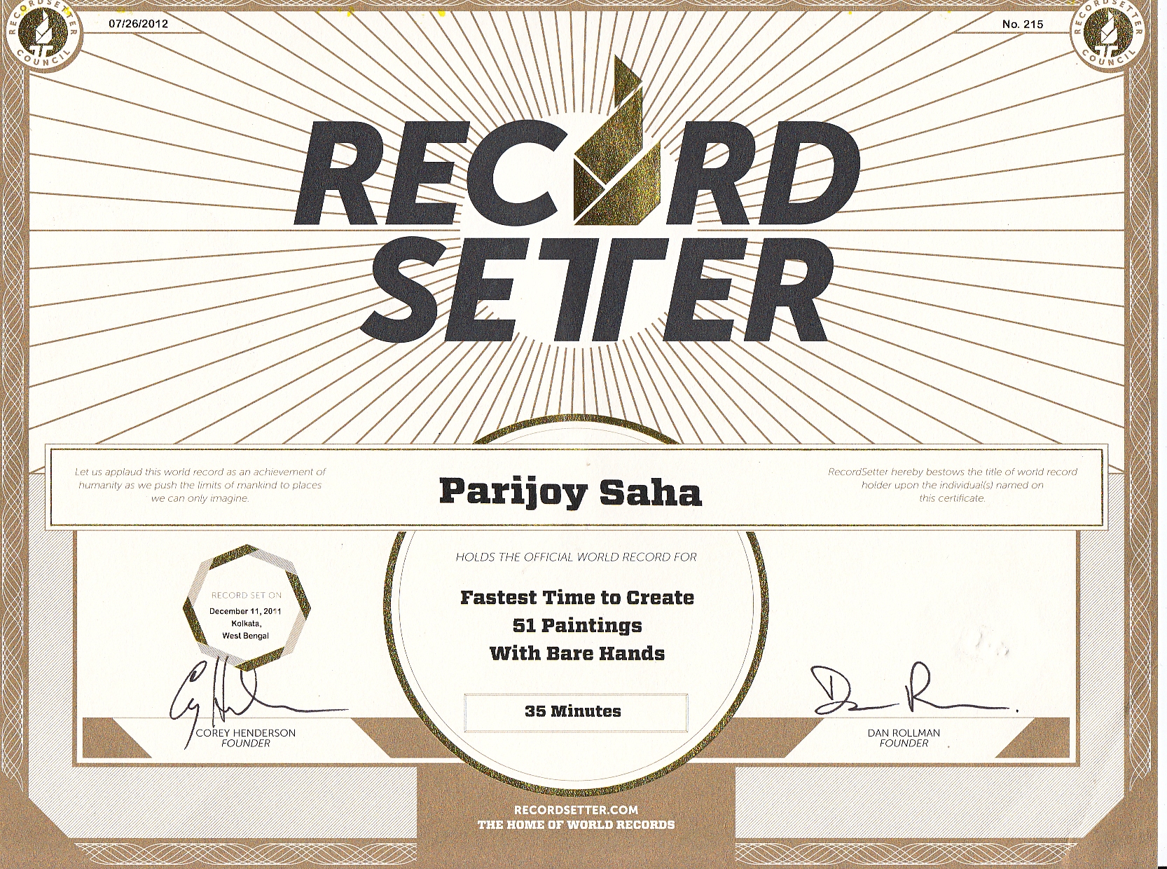 Record setter (U.S.A.) world record certificate