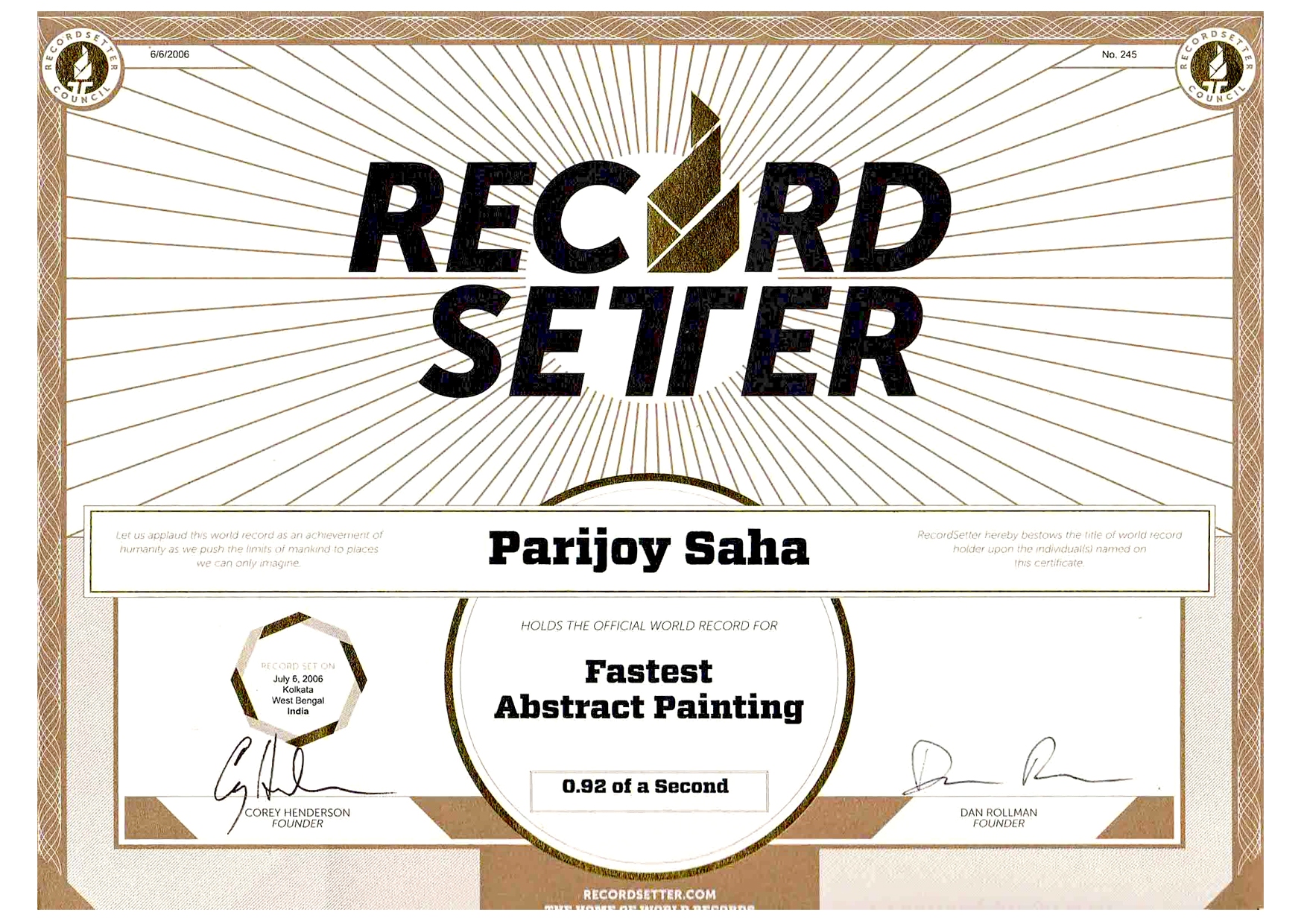 Record setter (U.S.A.) world record certificate
