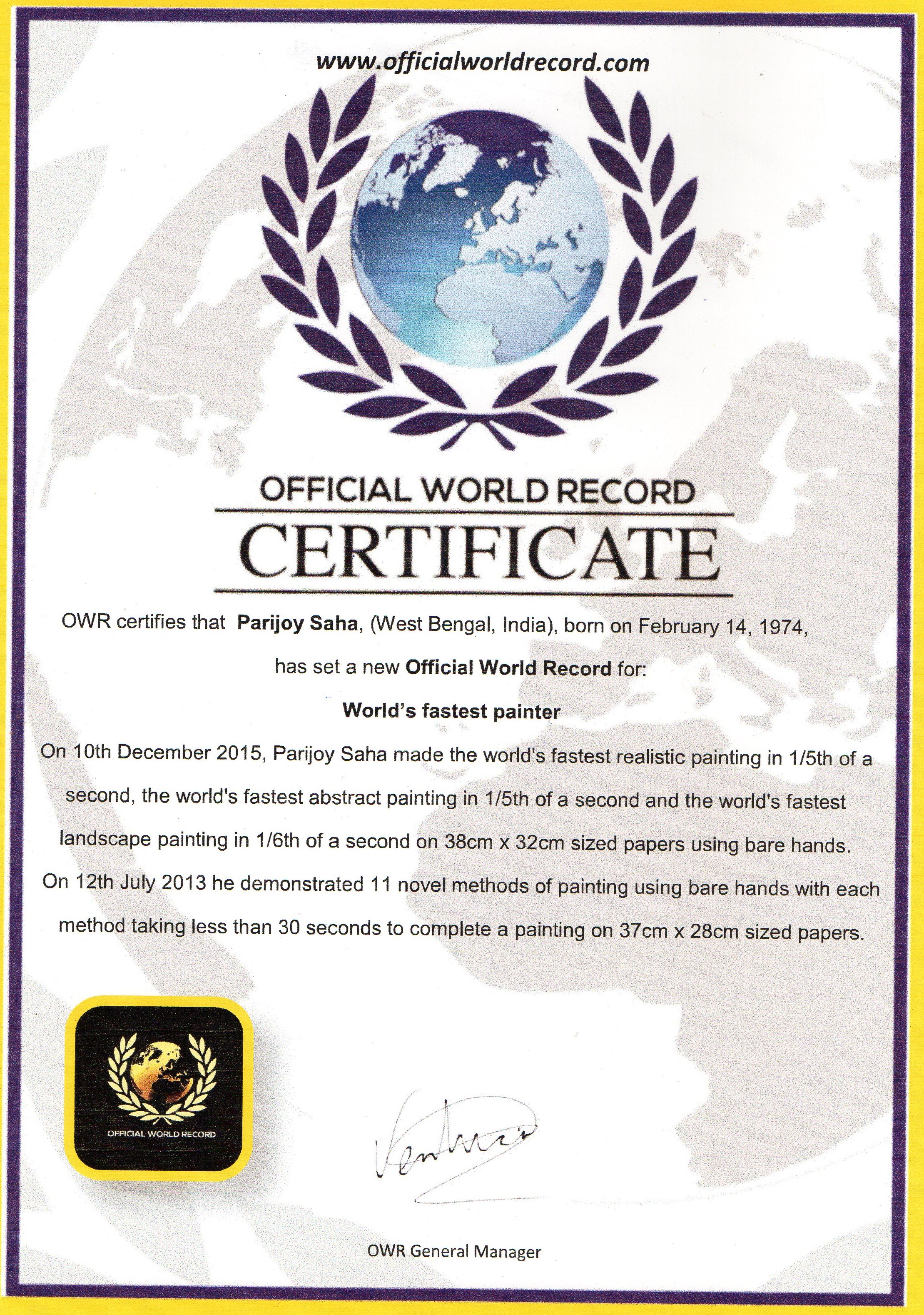 Official World Record (Spain) World's fastest painter certificate