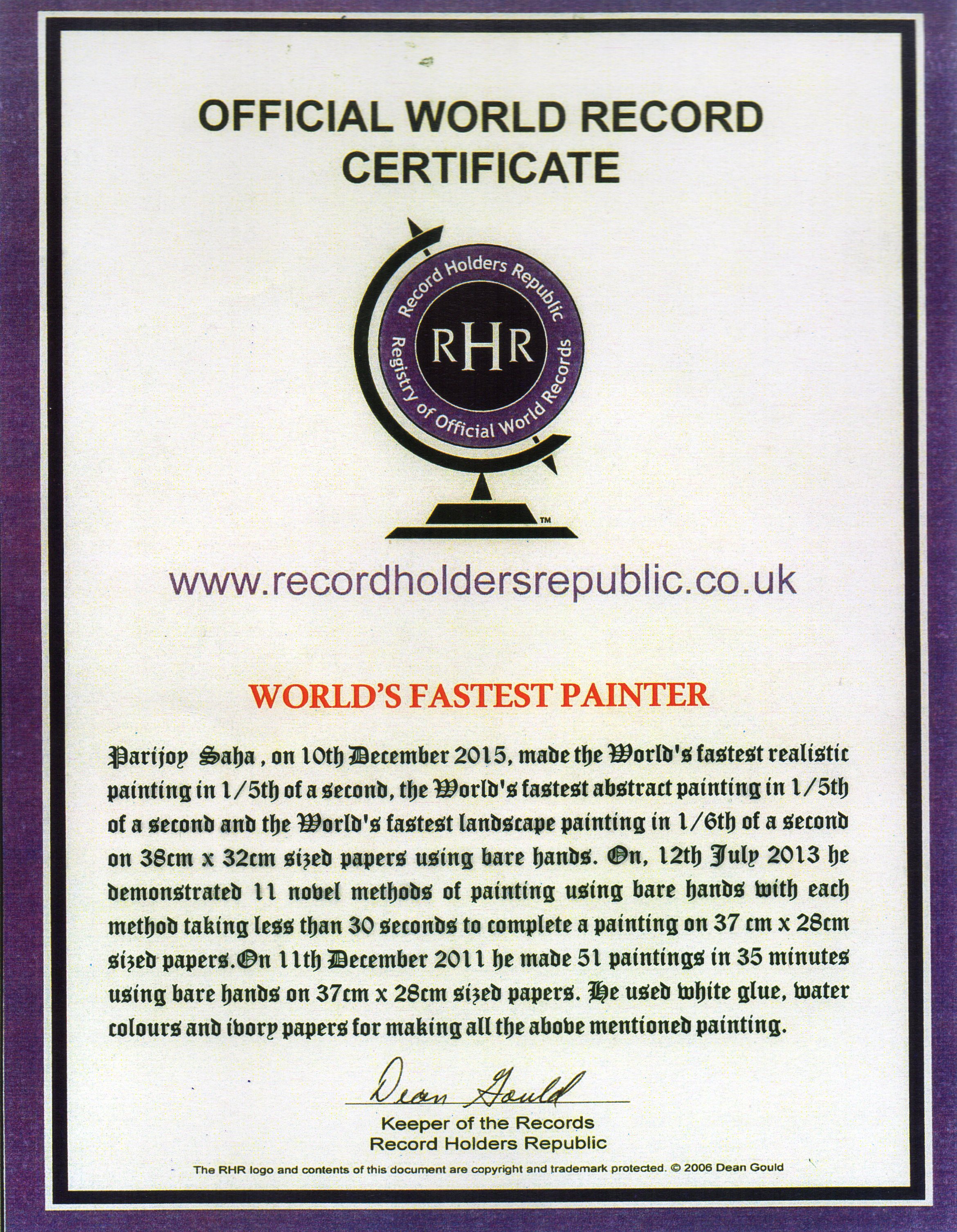 Record Holders Republic (U.K.) World's fastest painter certificate