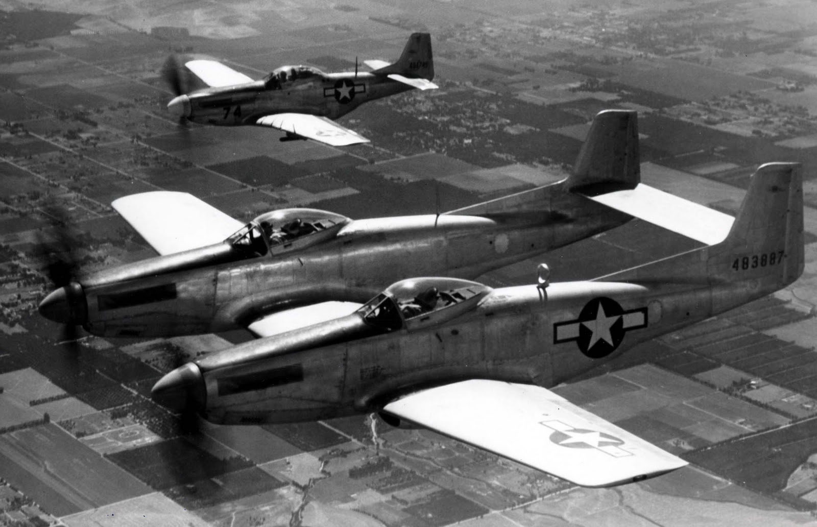 This XP-82 shown during its first flight in 1945, in formation with a famed P-51 "Mustang" fighter on which the XP-82 airframe was based.