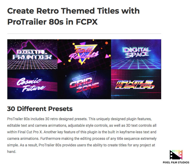 Pixel Film Studios - ProTrailer 80's - FCPX Plugins