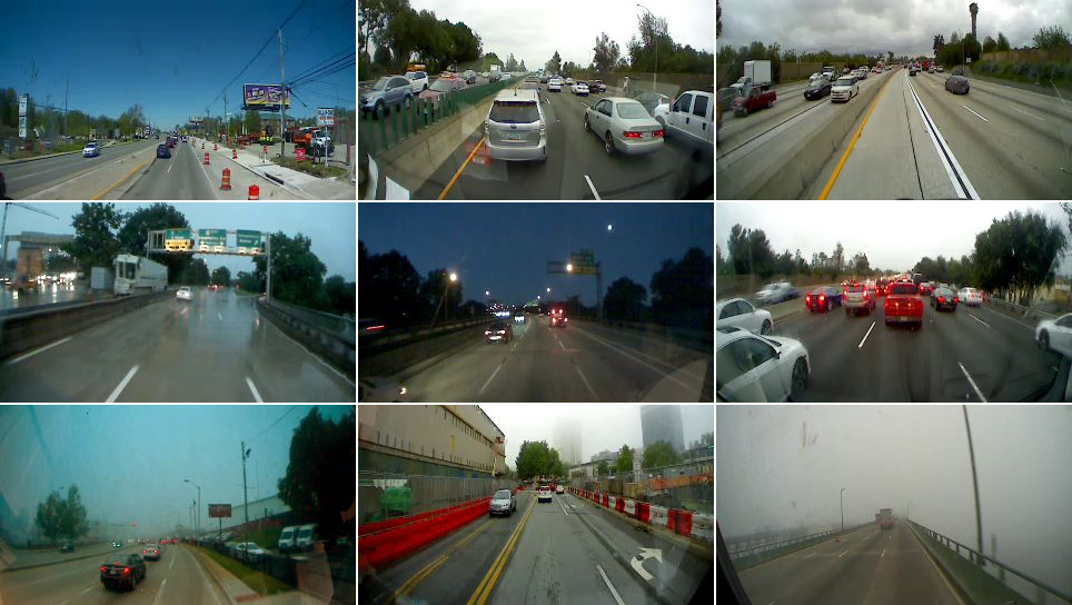 Images collected from on-vehicle cameras showing traffic, wet weather, construction, and poor visibility conditions