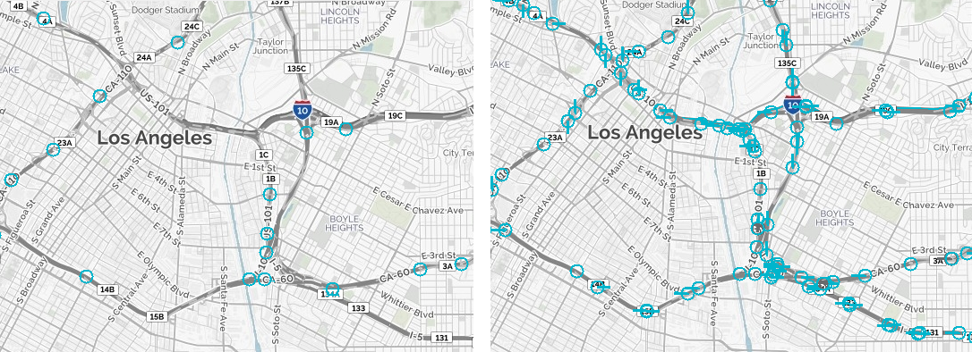Image collection locations without (left) and with (right) the on-vehicle live camera network