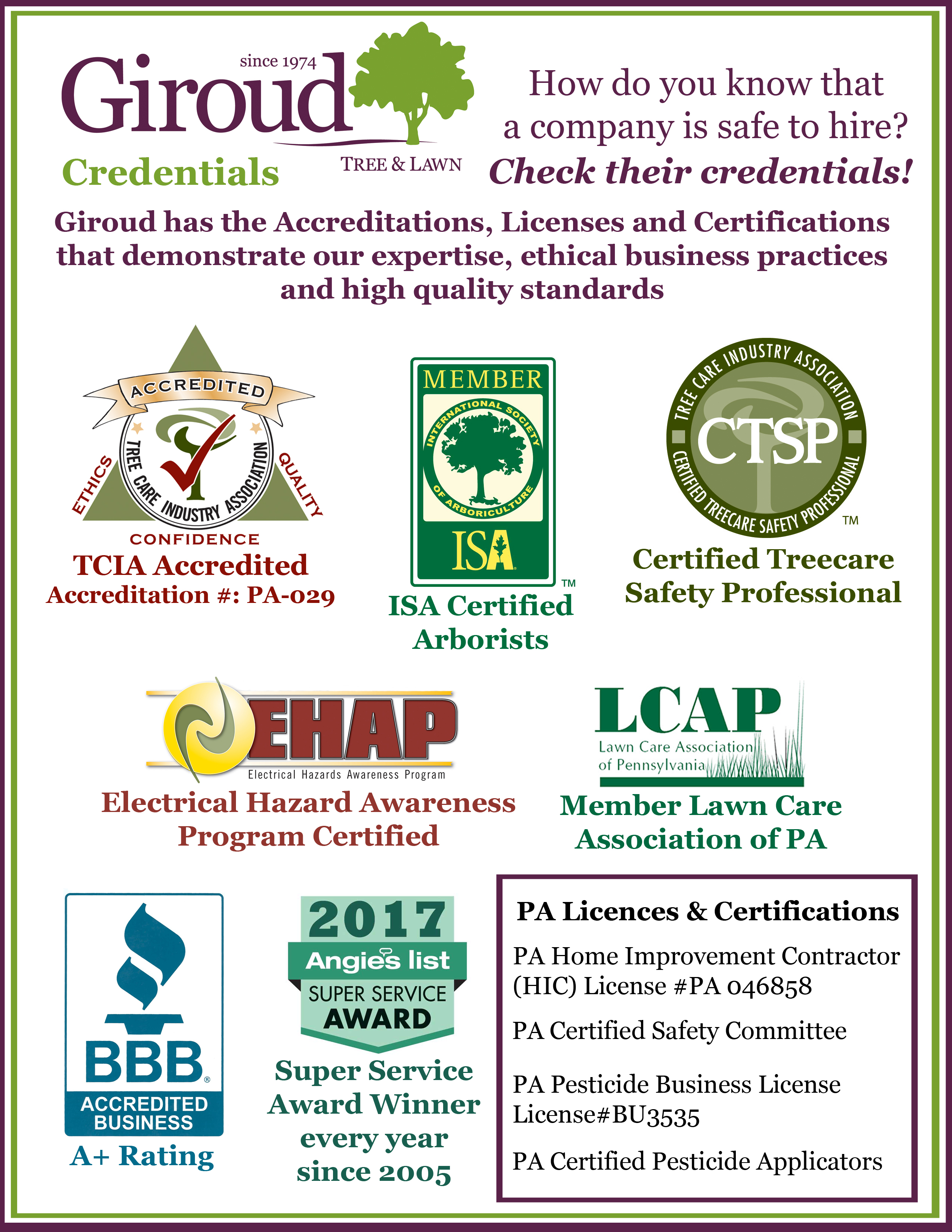 When choosing a company to care for your trees, shrubs and lawn, always check their credentials. Homeowners have trusted Giroud Tree & Lawn for over 40 years!
