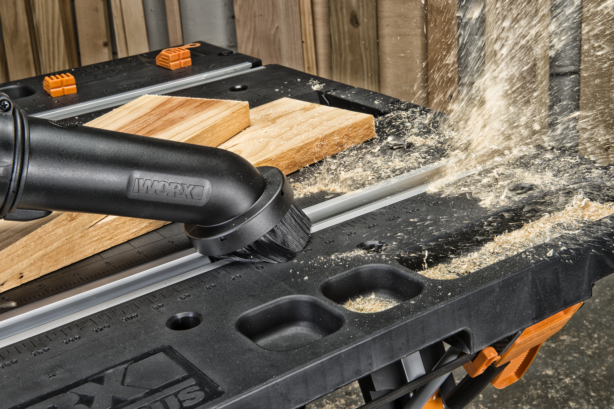 WORX 20V Shop Blower's dust brush accessory quickly removes dust and debris from cracks and crevices.