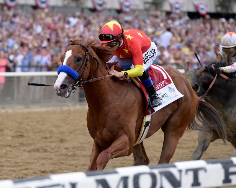 Justify  and Mike Smith capturing the Triple Crown -American Equus Thoroughbred Racing Irons