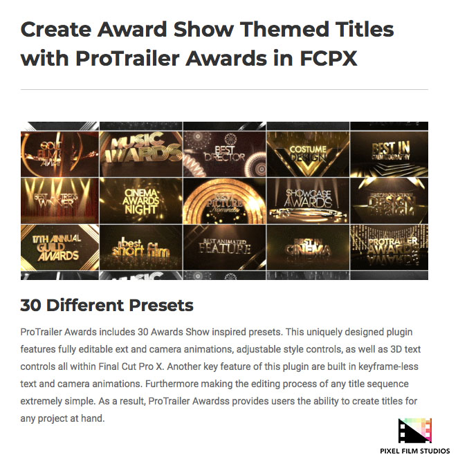 Pixel Film Studios - ProTrailer Awards - FCPX Plugins