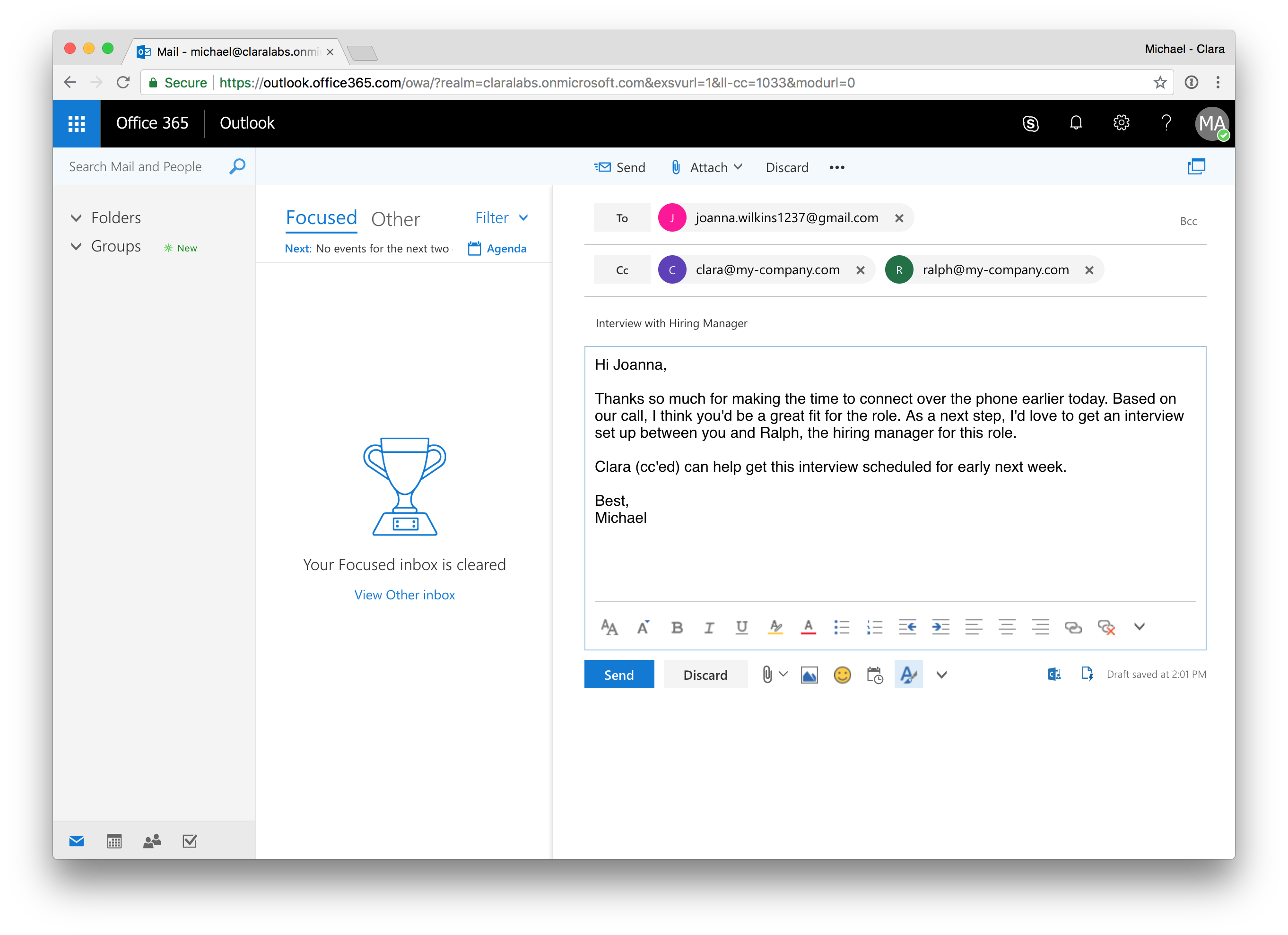Clara works from the Office 365 inbox