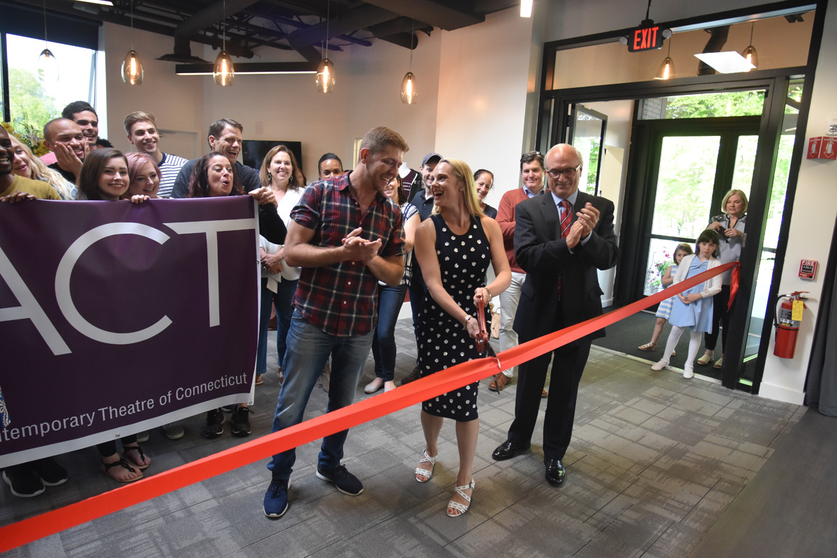 L-R: ACT of CT co-founders Daniel C. Levine and Katie Diamond with First Selectman Rudy Marconi at the theater’s ribbon cutting in Ridgefield on Thursday, June 7. (Photo: Mike Horyczun)