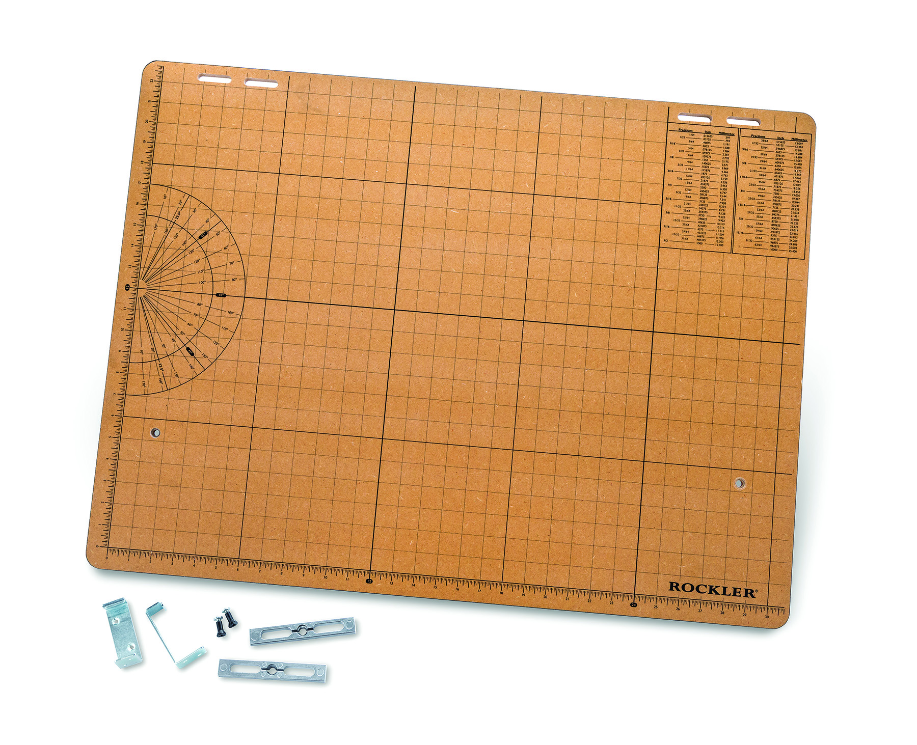The 1'' grid and protractor angles let you eyeball measurements or set a T-bevel gauge.